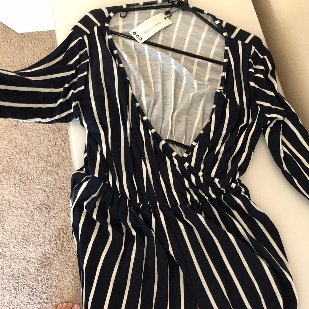 Navy and white striped Deep v neck romper